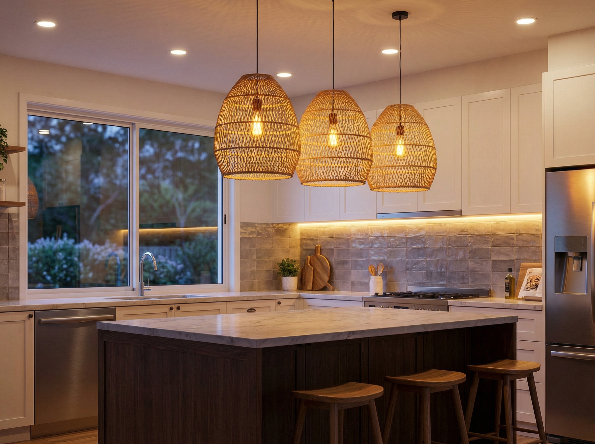 Modern kitchen with professional pendant lighting